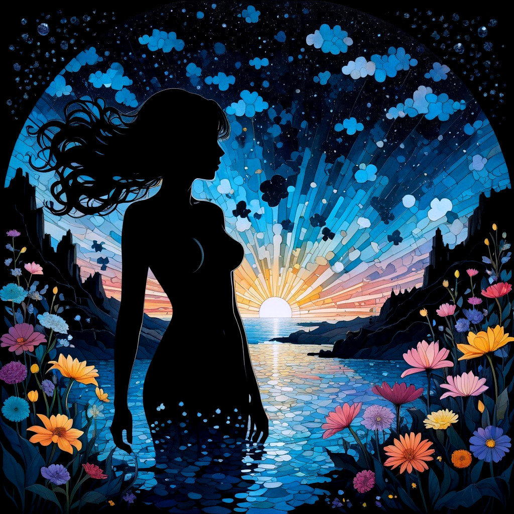 Silhouetted Figure at Water's Edge with Sunset Background