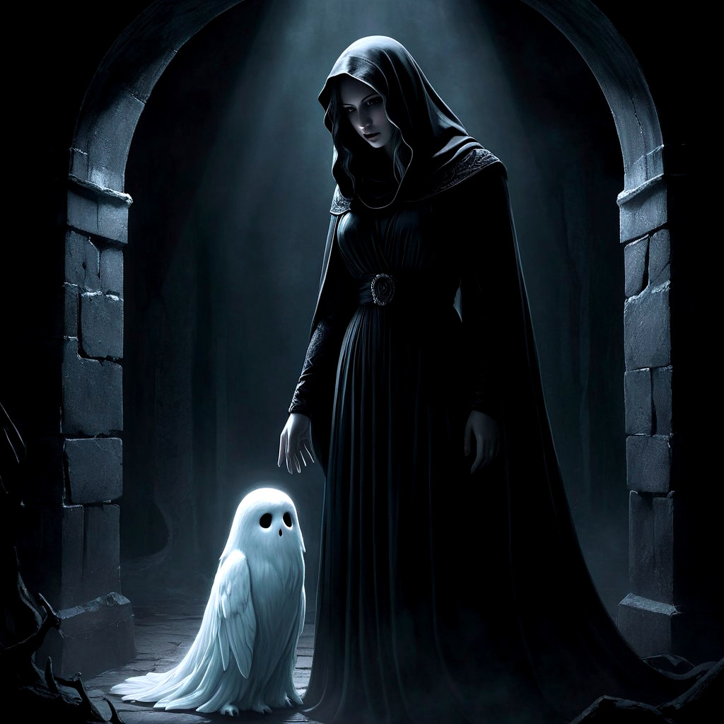 Mysterious figure in black cloak with ethereal owl