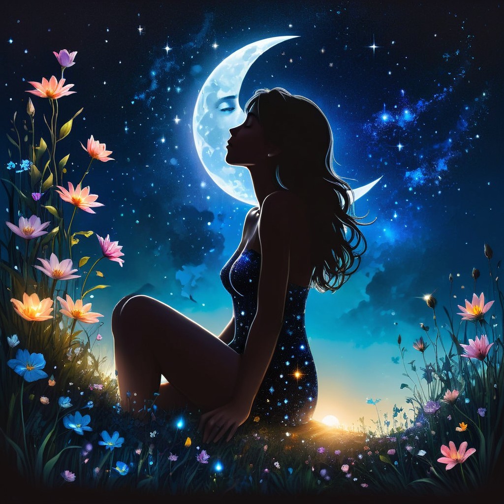 Silhouette of a Woman in a Flower Field at Night