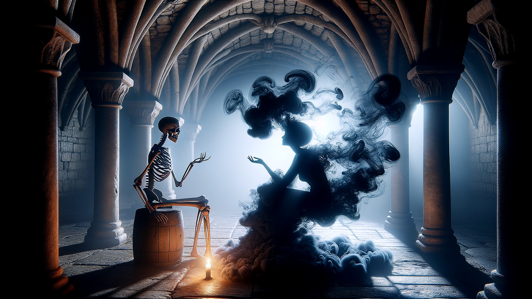 Gothic Chamber with Skeleton and Shadowy Figure Dialogue