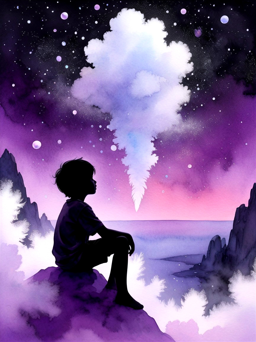 Watercolor of Child on Rocky Peak in Fantasy Landscape