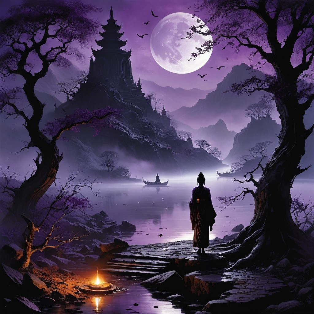 Serene Moonlit Landscape with Tranquil Waters and Trees