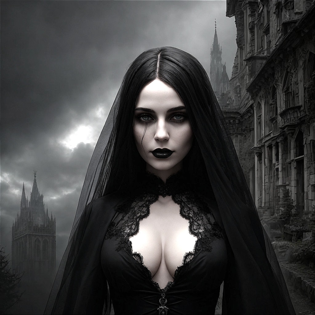 Gothic Woman in Elegant Gown Against Dark Backdrop