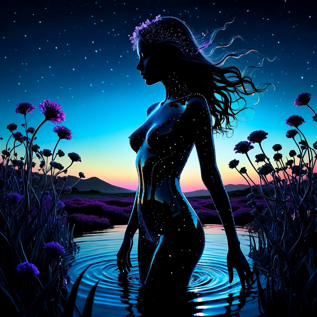 Silhouette of a Woman by Serene Water and Flowers