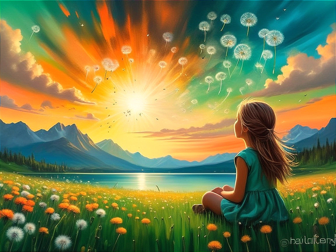 Young girl in meadow at sunset with dandelions