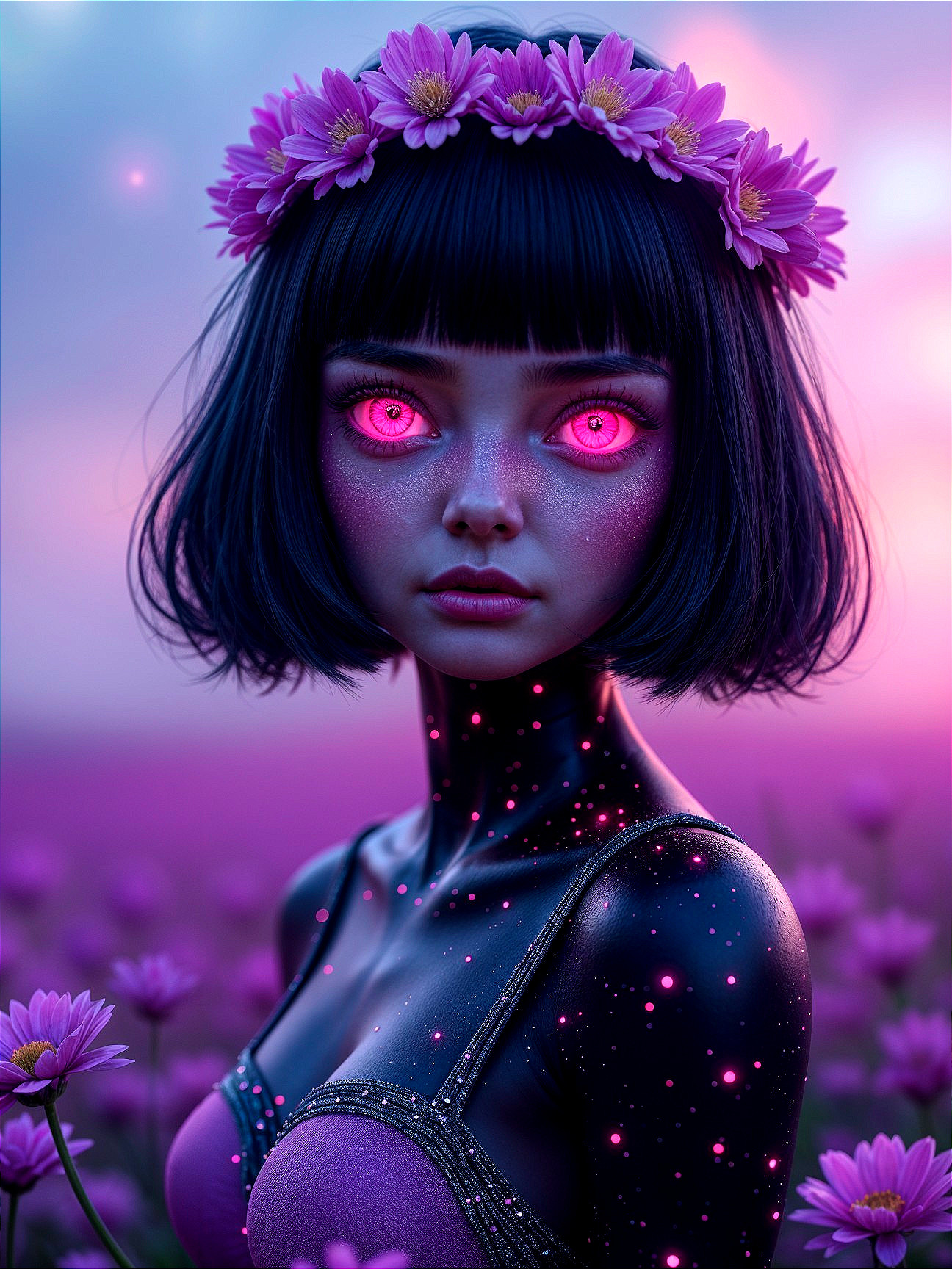 Mesmerizing figure with pink eyes in flower backdrop