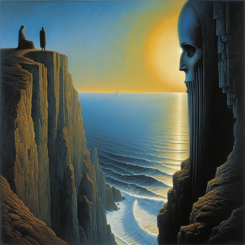 Dramatic Coastal Landscape with Skull Figure at Sunset