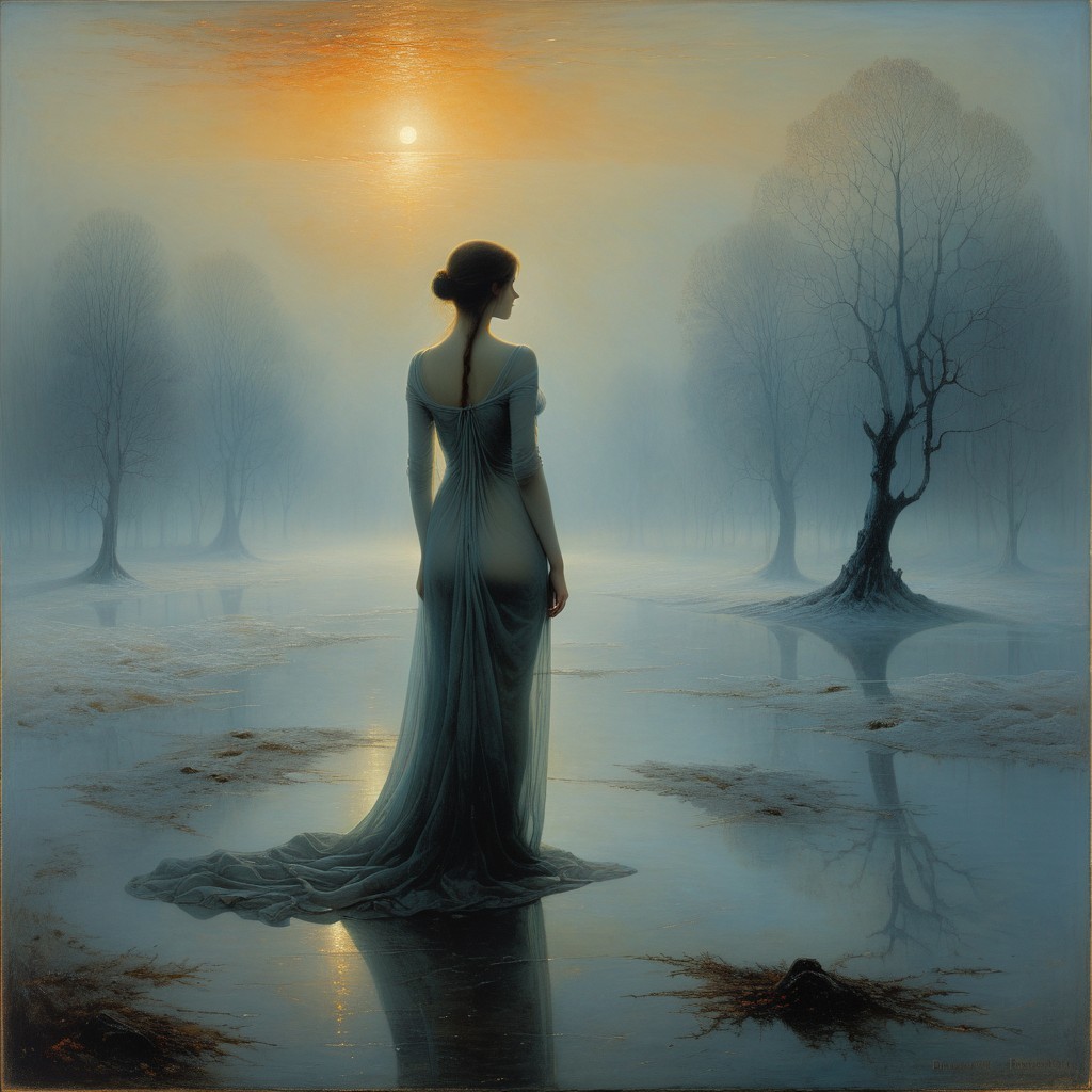 Misty Twilight Landscape with Woman by Reflective Water