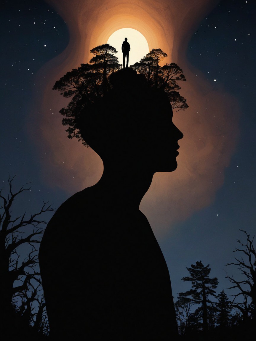 Silhouette Head with Forest and Full Moon Scene
