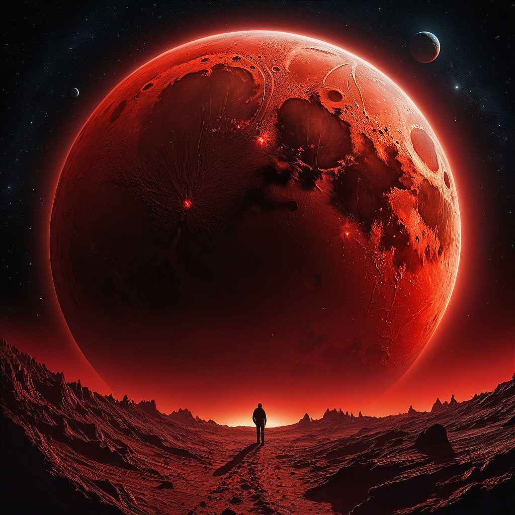 Lone Figure on Rugged Landscape Under Glowing Planet