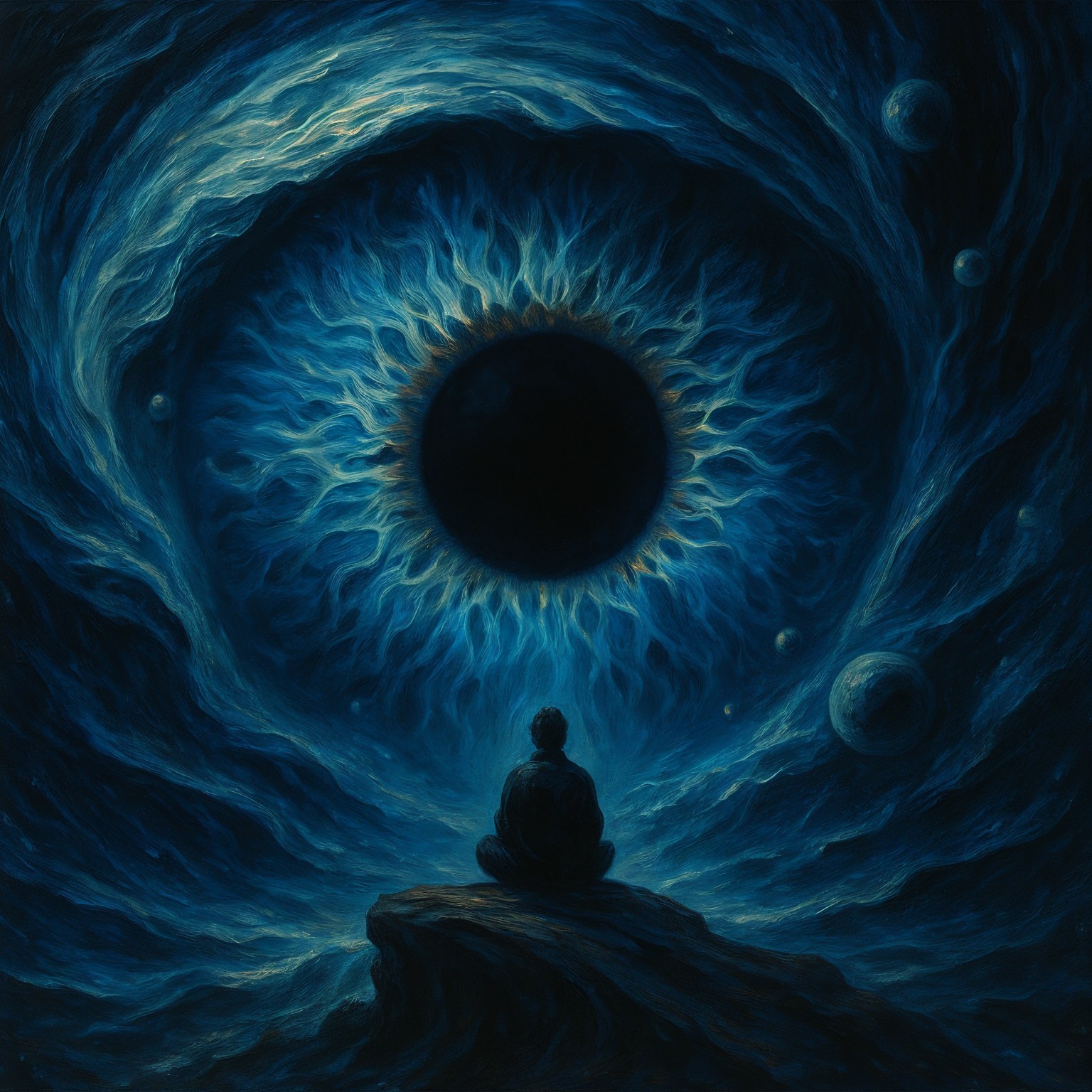 Serene Figure Overlooking Cosmic Landscape with Eye