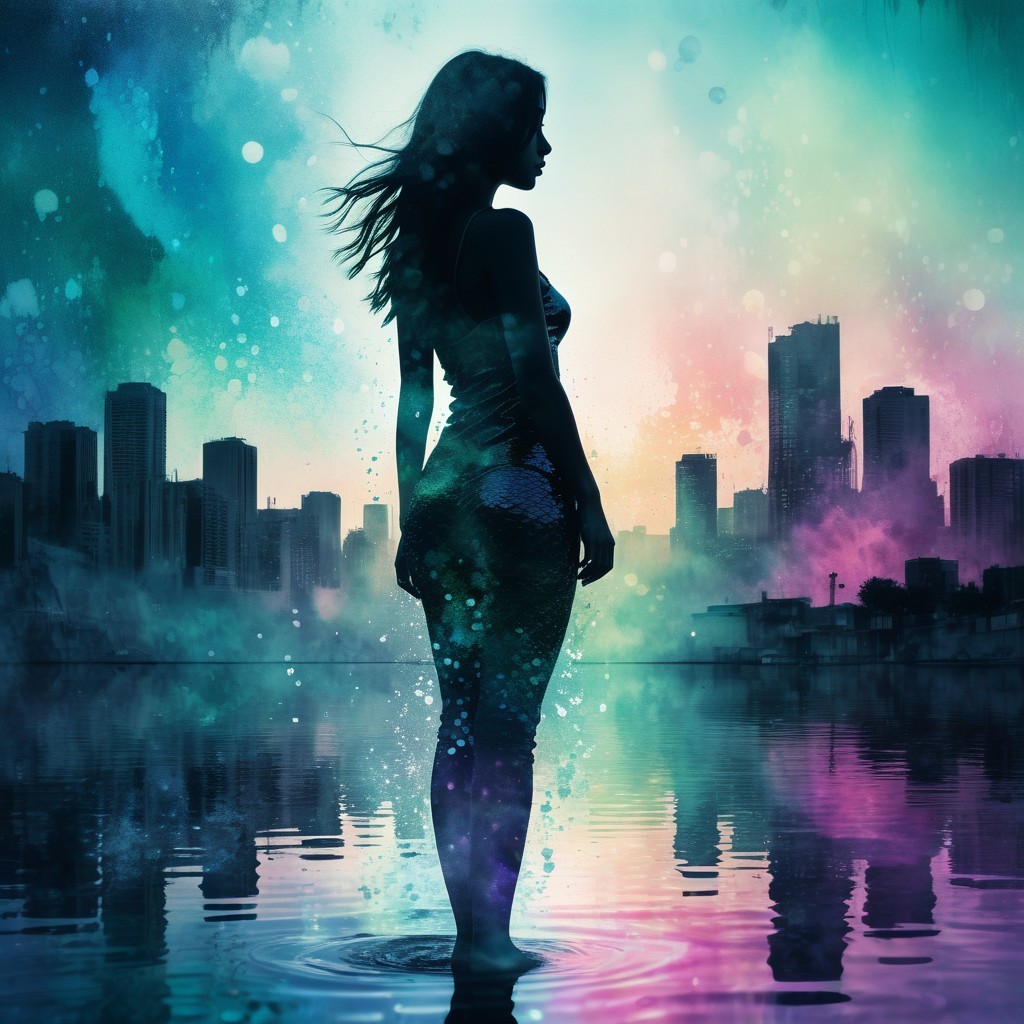 Silhouetted Woman in Colorful Water with City Skyline