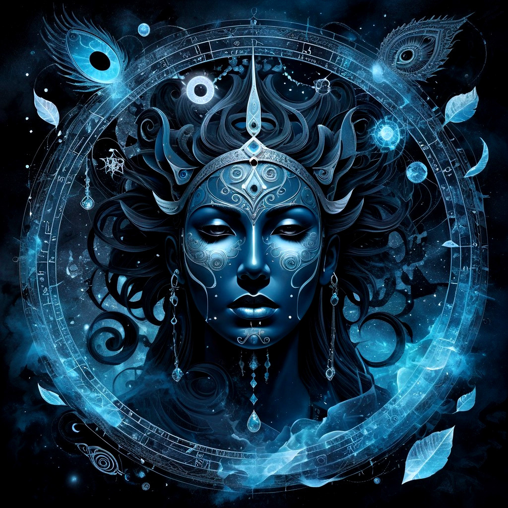 Mystical figure with cosmic backdrop and intricate designs