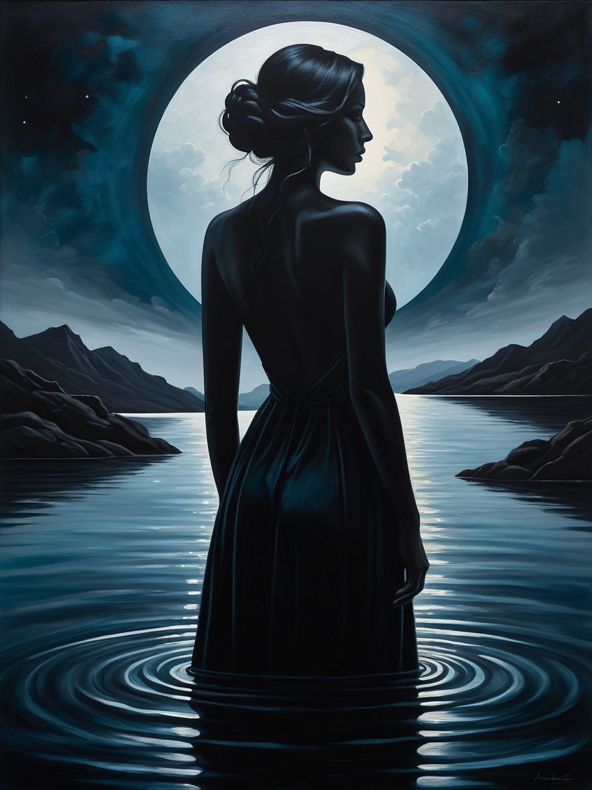 Silhouette of a woman by a moonlit water body