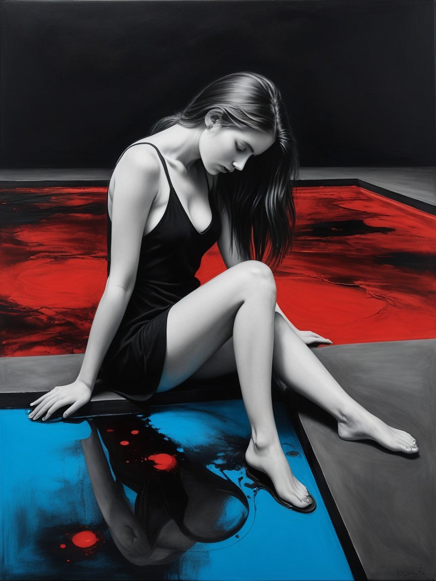 Young woman in black dress with abstract colors