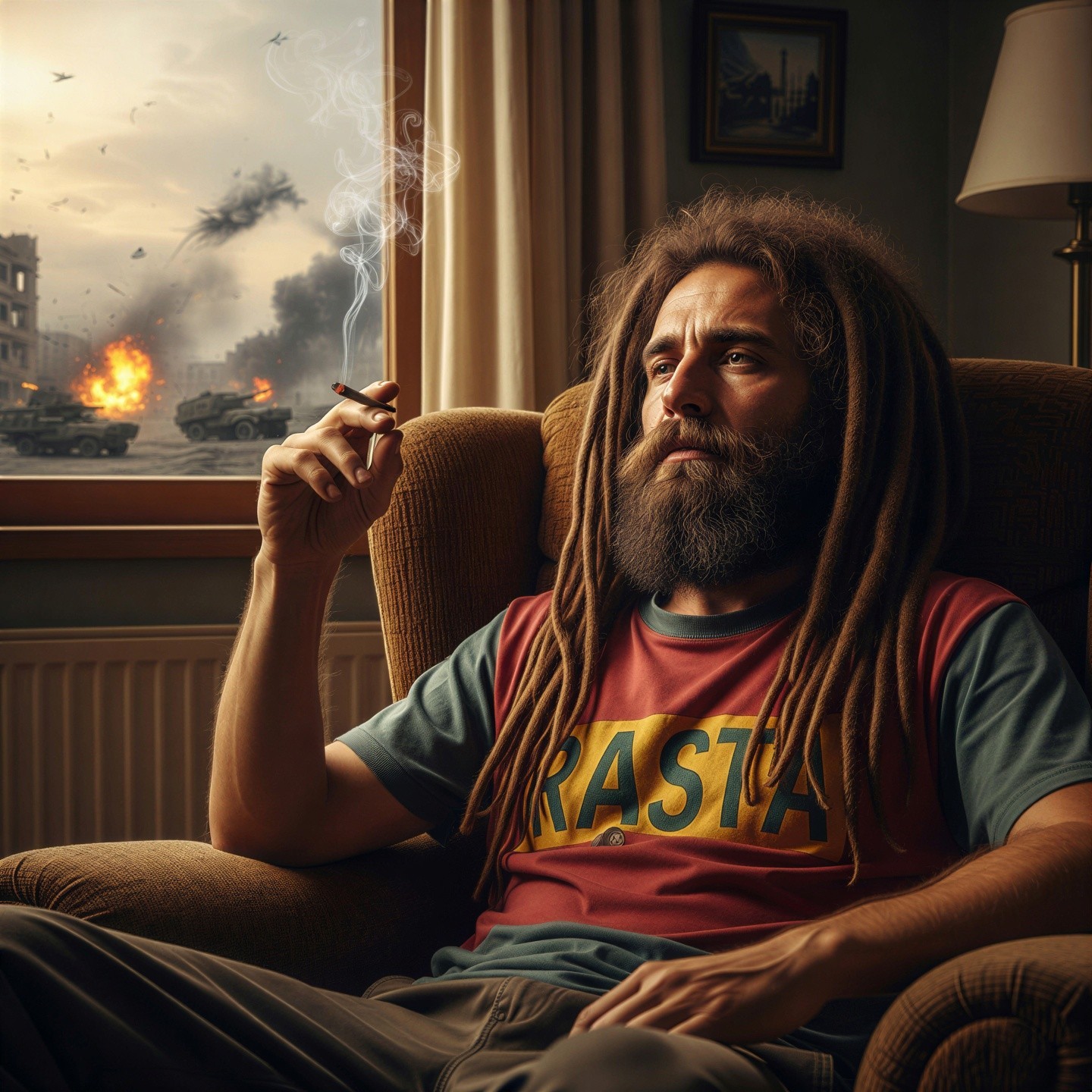 Man in Armchair Amidst War-Torn City Scene