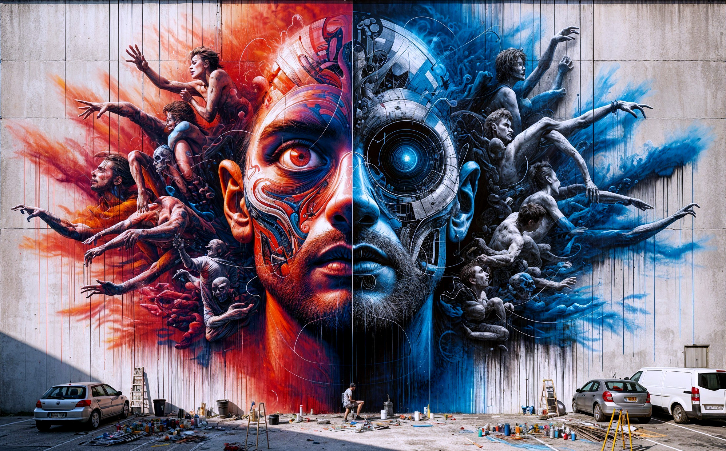 Mural Depicting Human Emotion and Robotic Elements