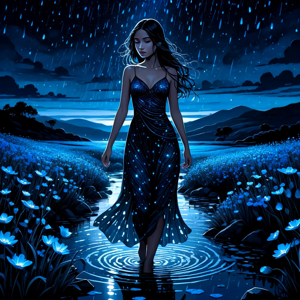 Young Woman in Dark Gown by Tranquil Stream and Flowers