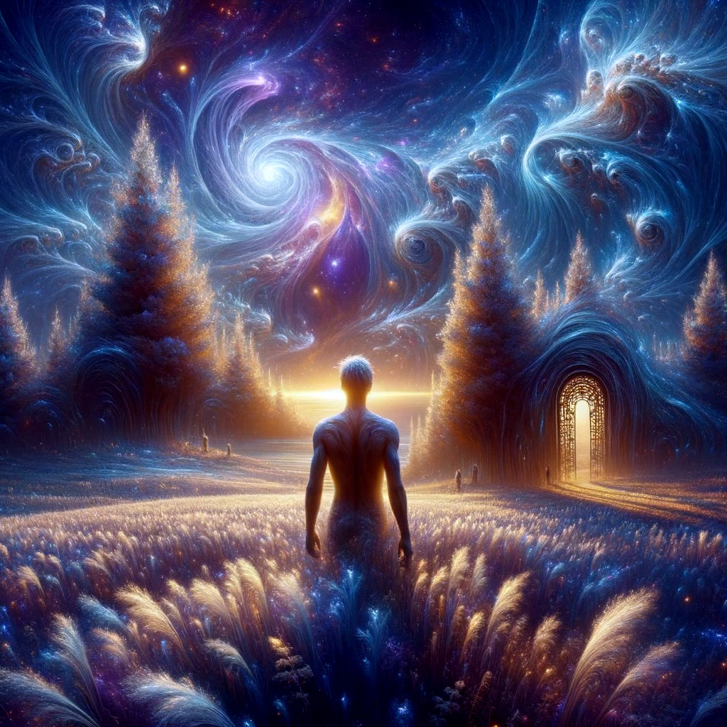 Serene Landscape with Cosmic Sky and Mystical Portal