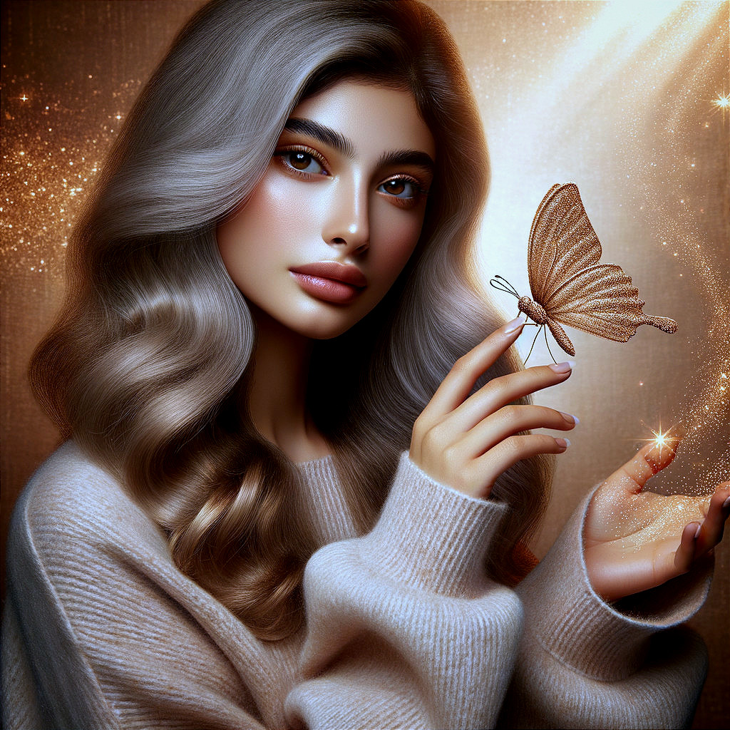 Young woman with butterfly in warm, golden light