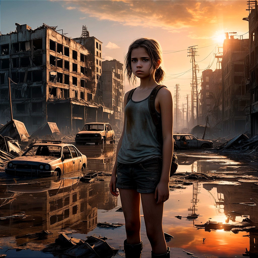 Solitary Girl in Post-Apocalyptic Urban Landscape