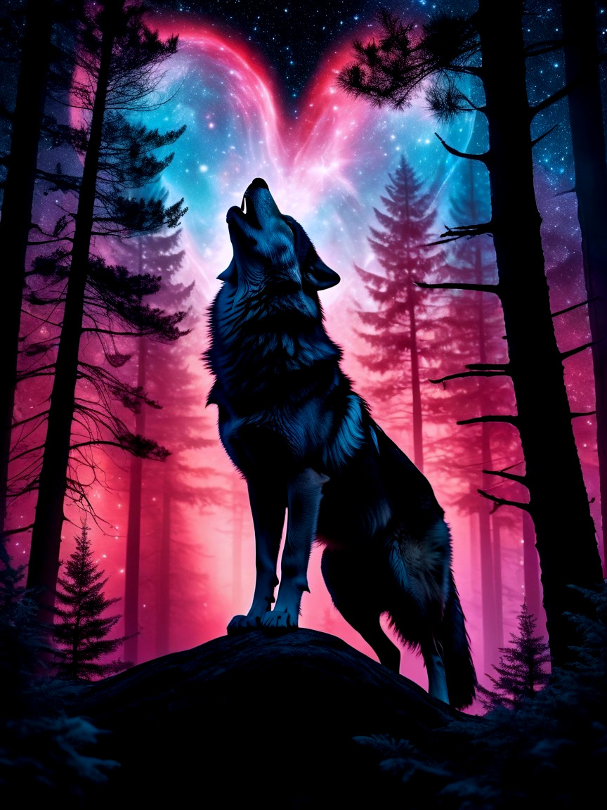 Majestic wolf howling in a mystical forest scene
