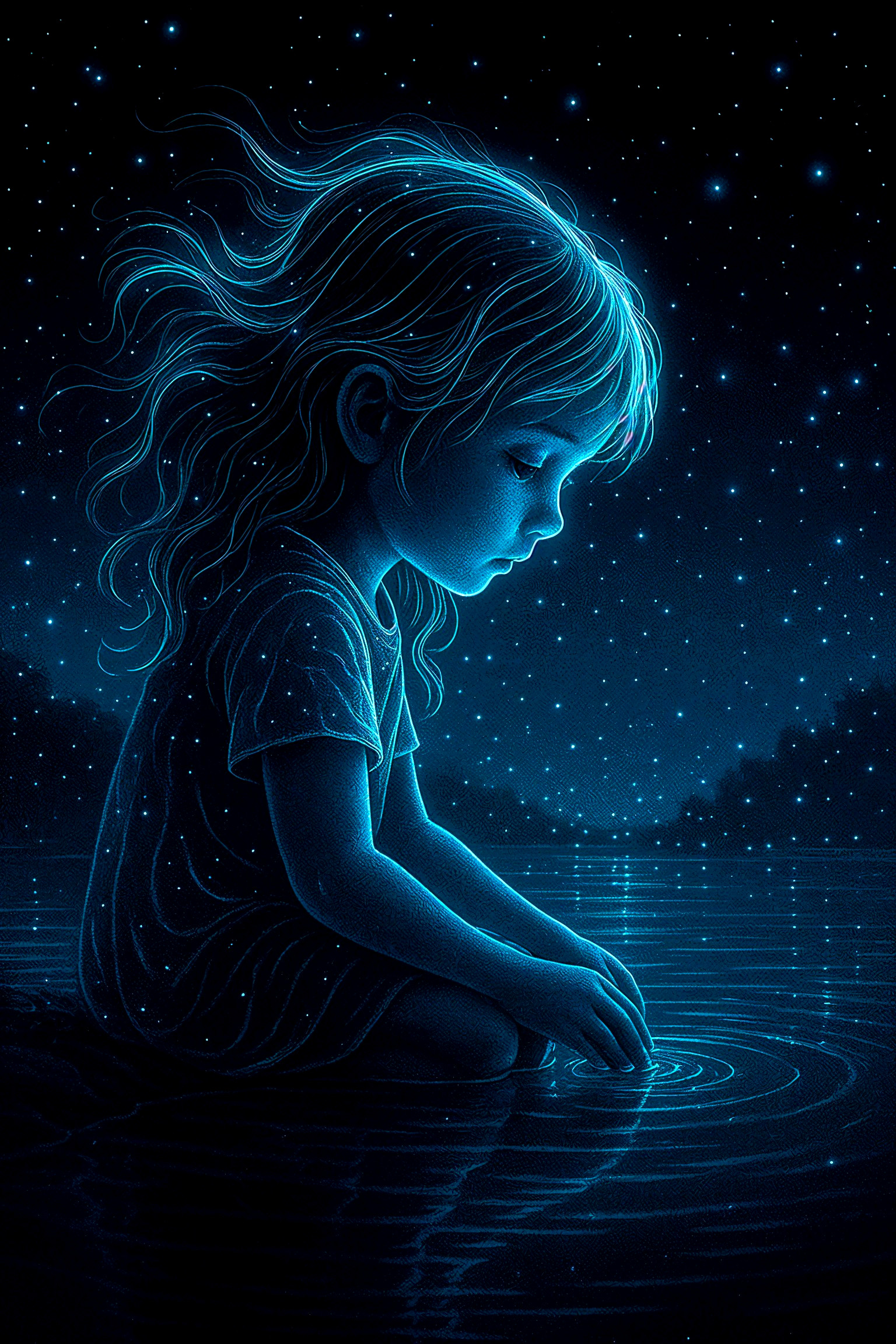 Young girl by a tranquil lake under starry night sky