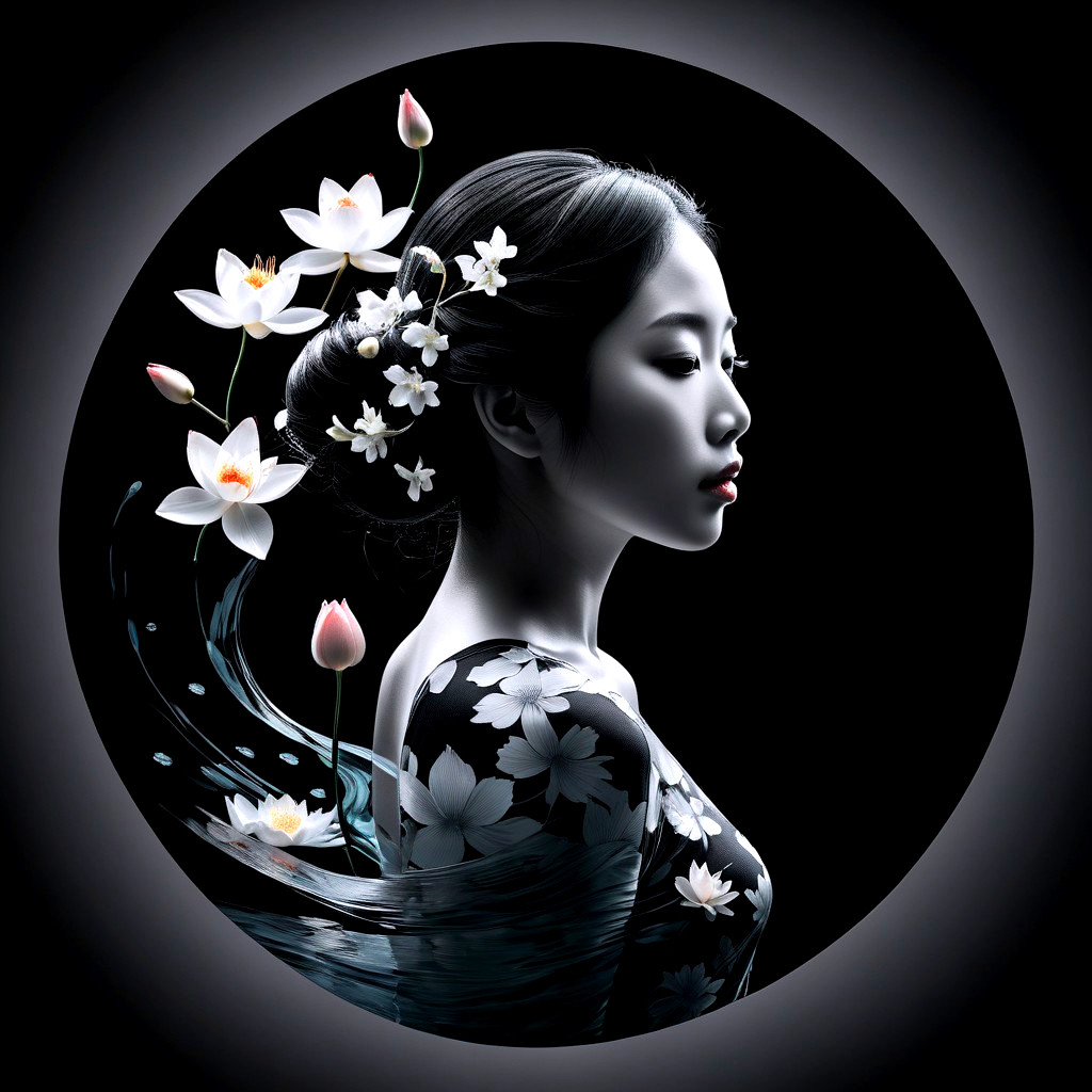 Profile of a Young Woman Surrounded by Lotus Flowers