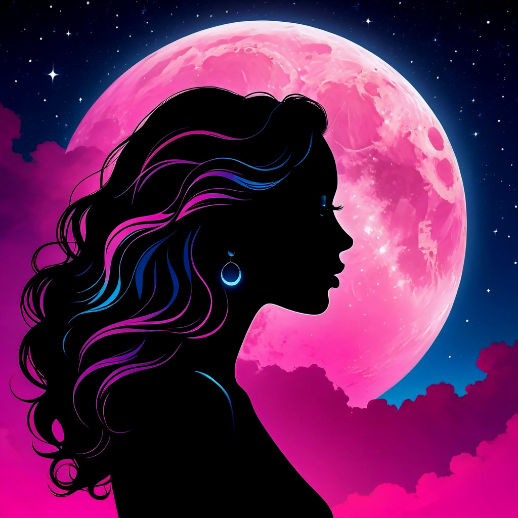 Silhouette of a Woman Against a Glowing Pink Moon