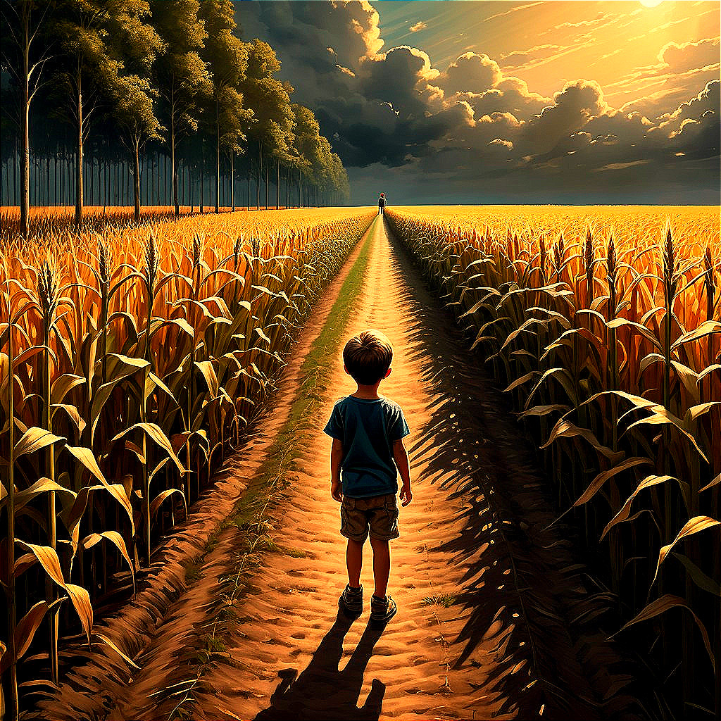 Young boy on dirt path by corn field at sunset