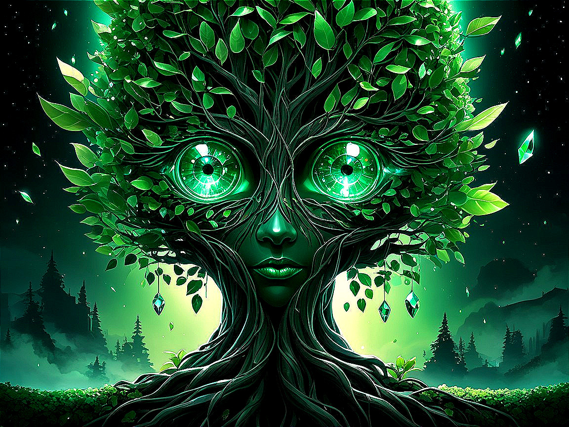 Majestic Tree Figure with Emerald Eyes and Crystals