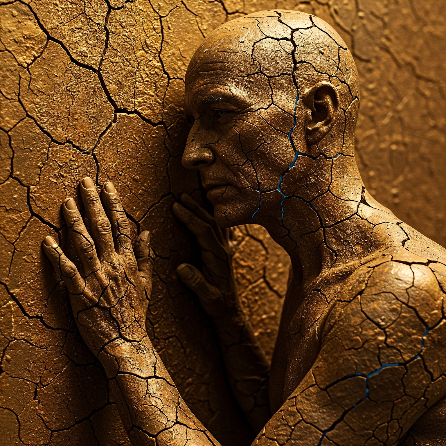 Bronze Textured Man in Contemplation Against Wall