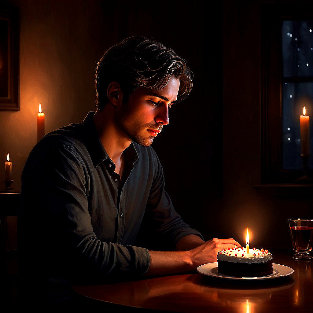 Young man gazing at a birthday cake with candles