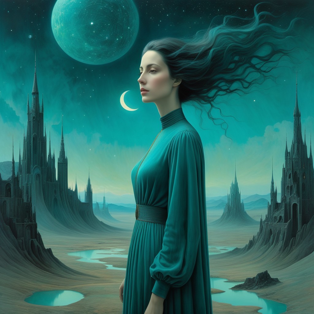 Serene Woman in Teal Dress Against Mystical Landscape