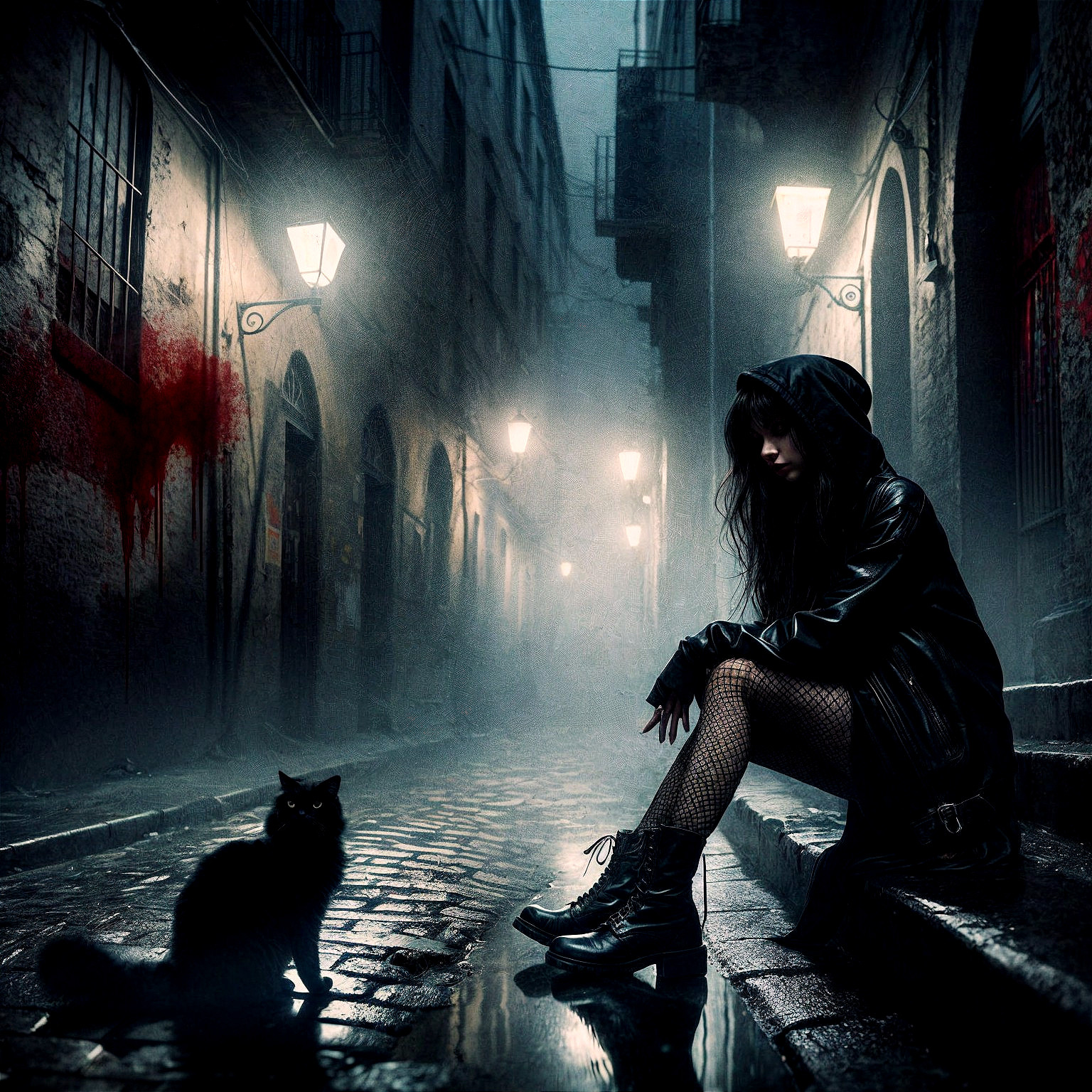 Mysterious Scene of a Young Woman in Foggy Alley