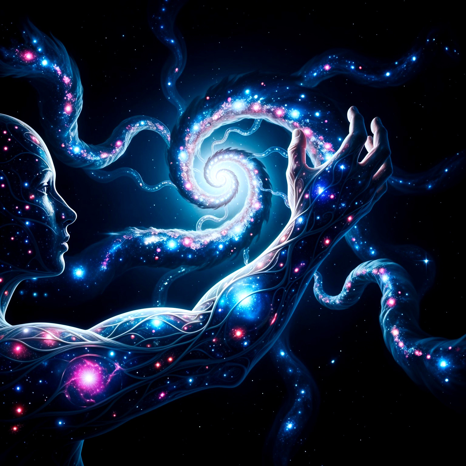 Celestial Figure with Cosmic Elements in Dark Background