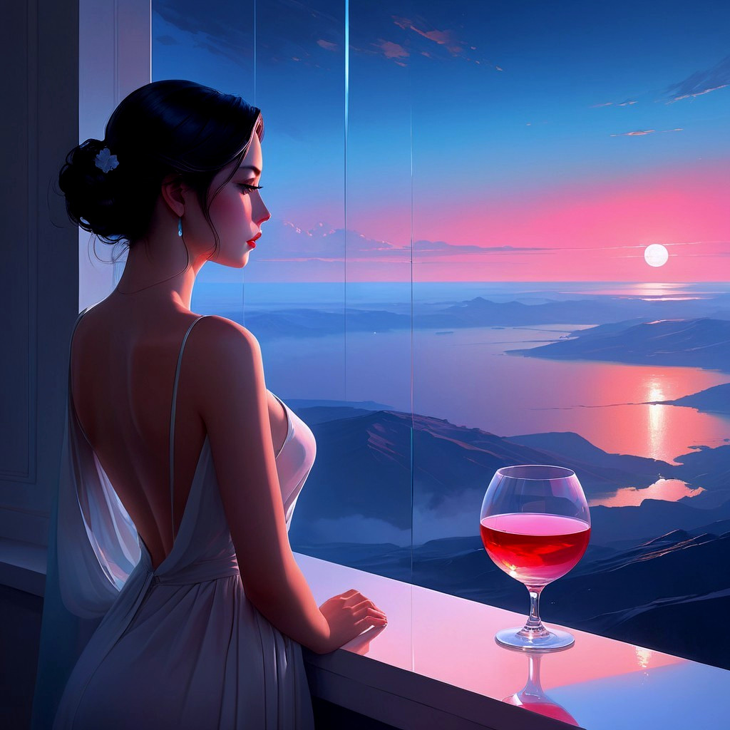 Elegant woman in white dress at sunset window