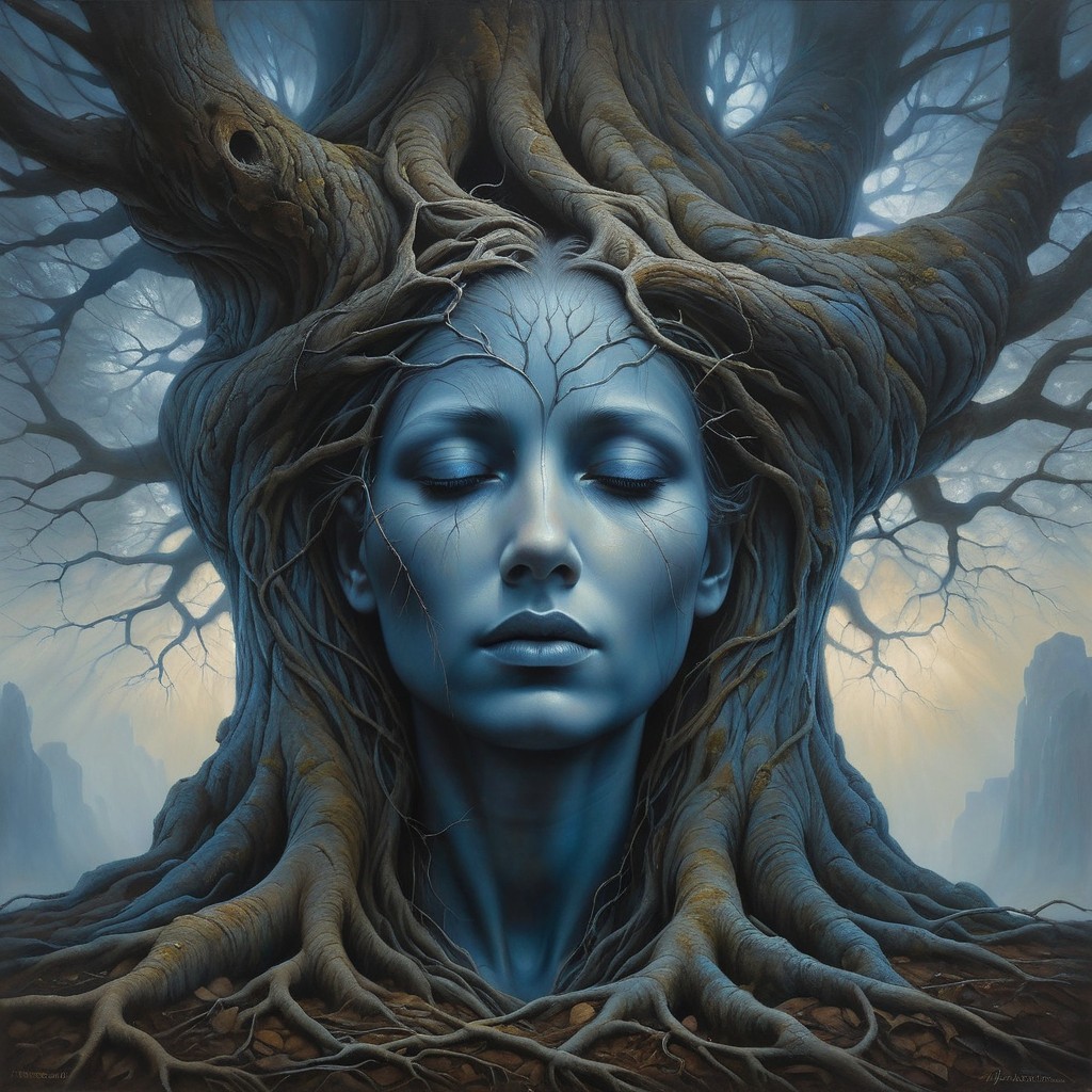 Surreal Human Face Merged with Tree Elements
