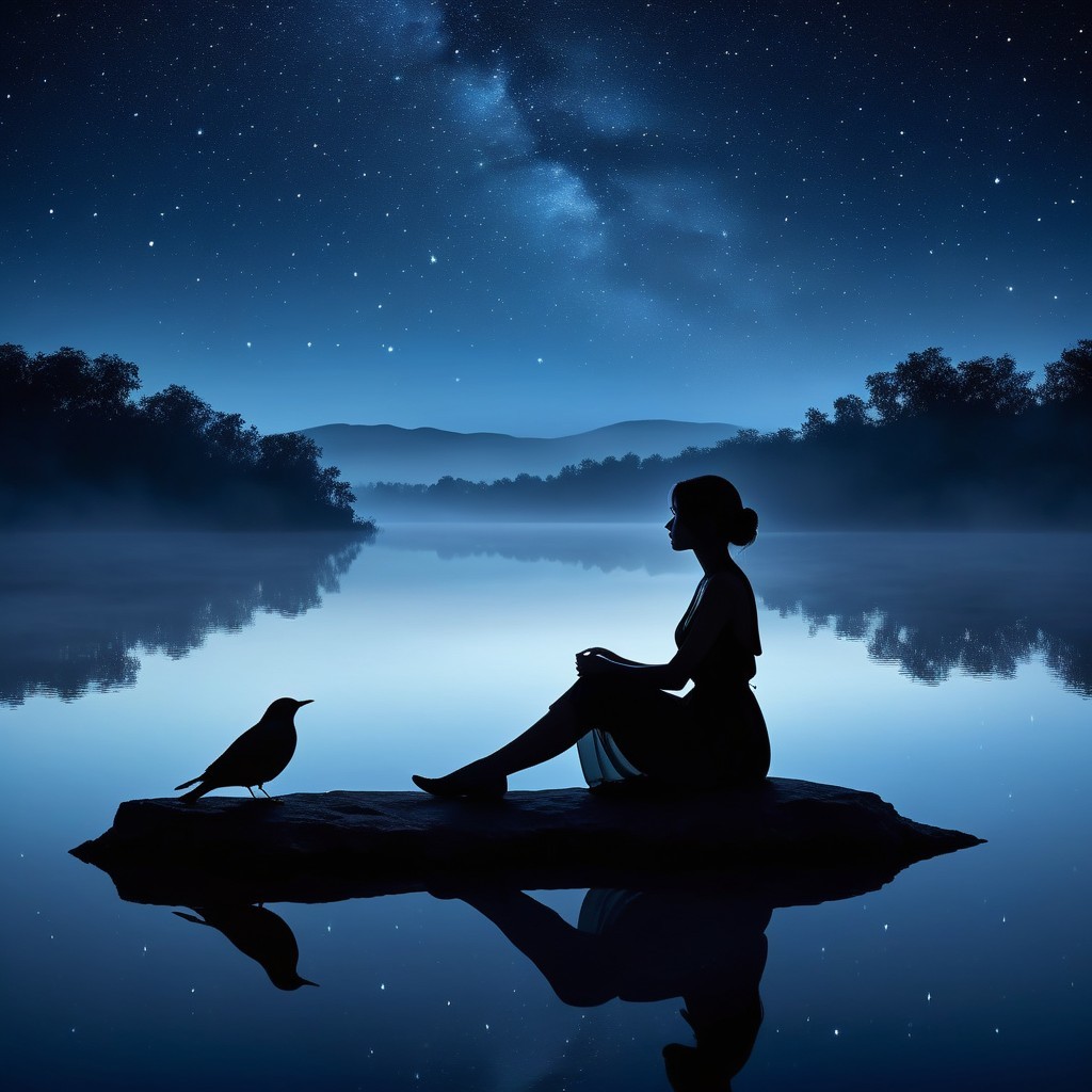 Serene Nighttime Scene at a Still Lake with Silhouette