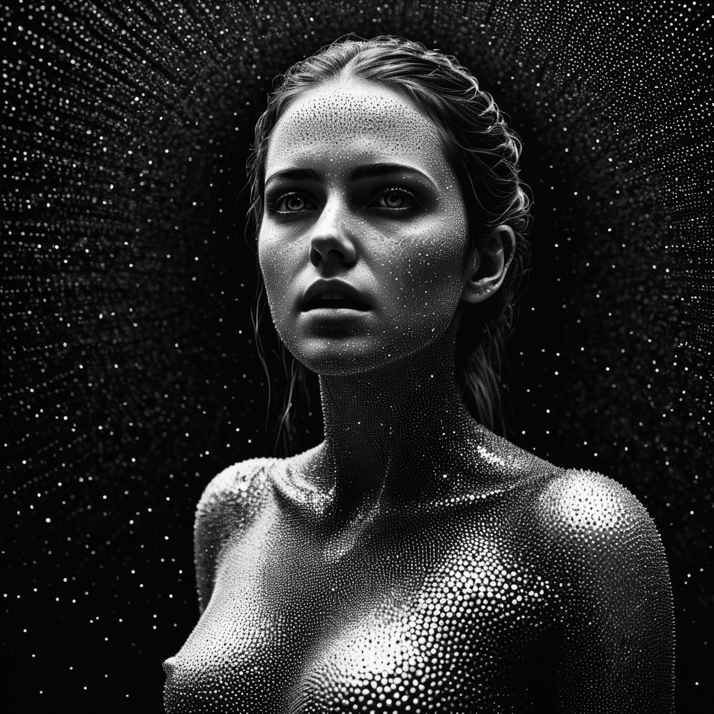 Black-and-white portrait of a woman with droplets