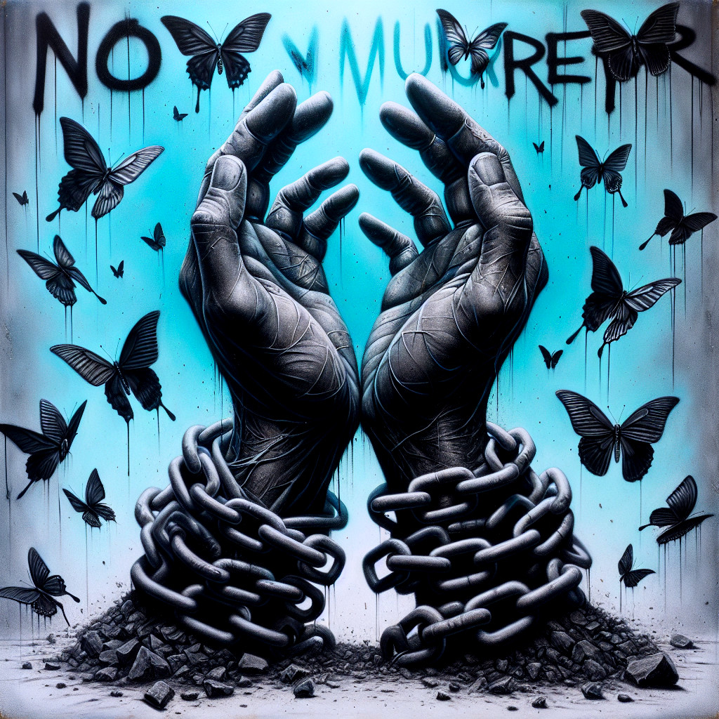 Artwork of Hands Breaking Chains with Butterflies