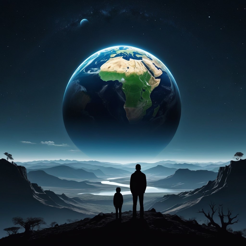 Man and child gazing at Earth in starry landscape