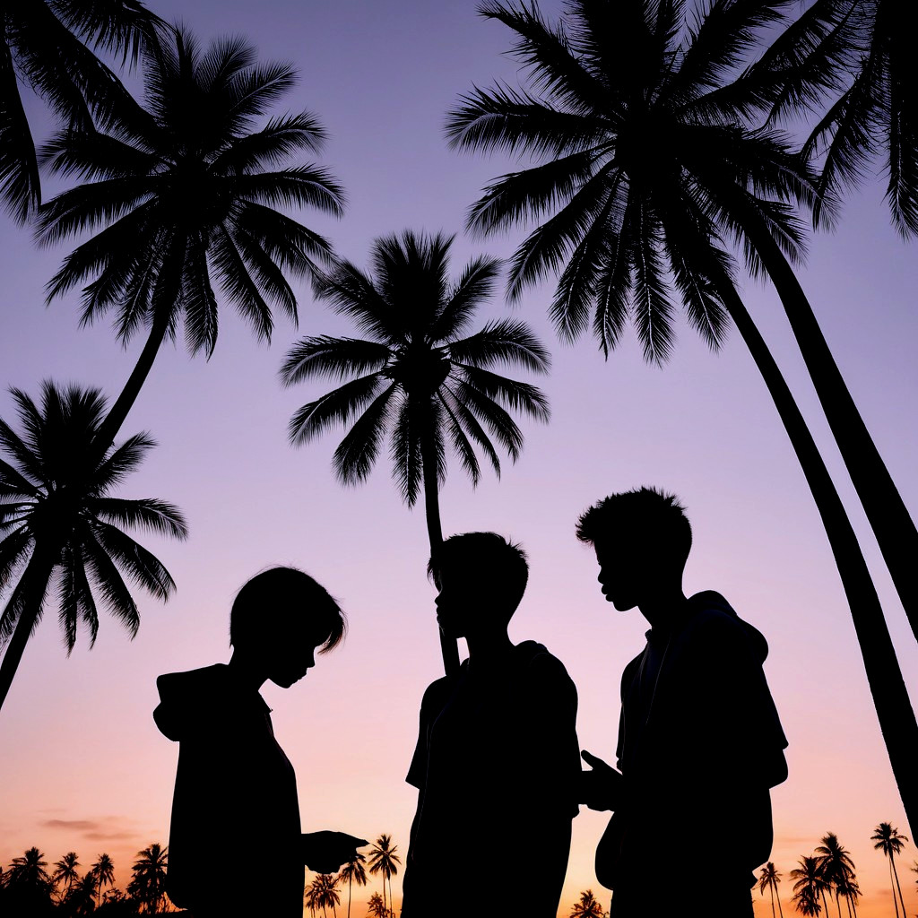 Three figures silhouetted by a colorful sunset sky