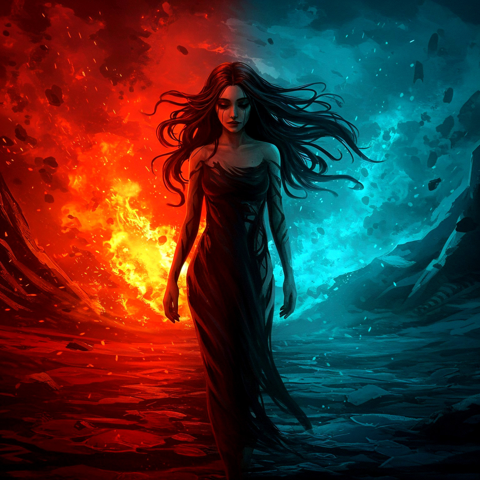 Mysterious figure between realms of fire and ice