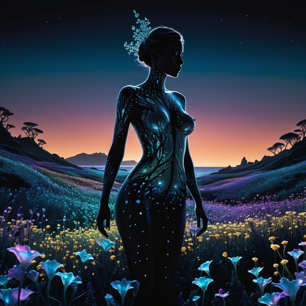 Silhouetted Figure in Vibrant Twilight Landscape