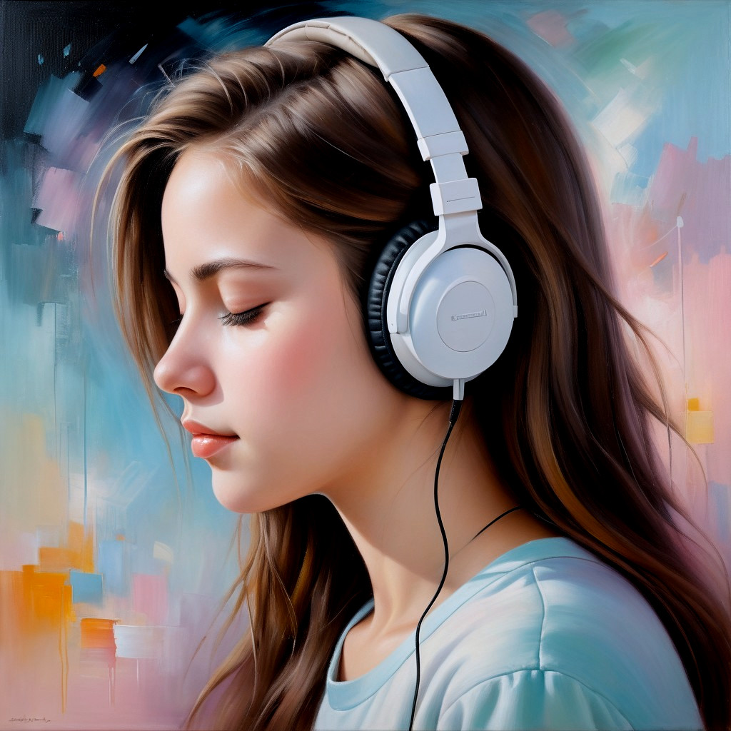 Young woman with headphones in vibrant abstract setting