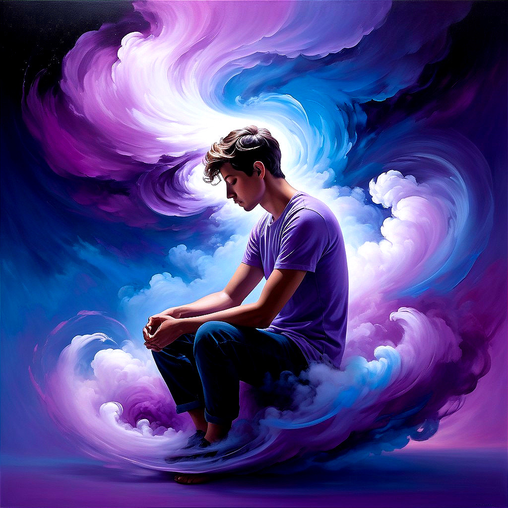 Young Person in Serene Setting with Vibrant Clouds