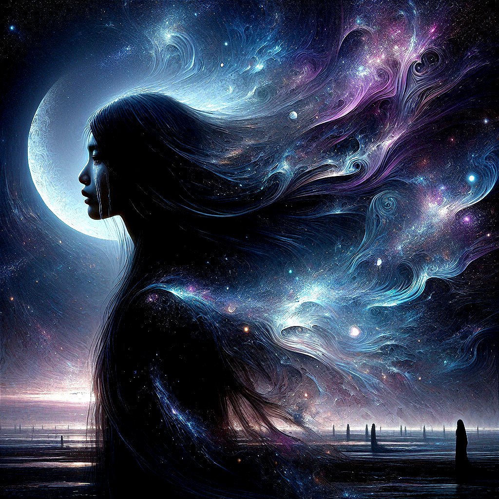 Mystical Woman Silhouette in Cosmic Landscape