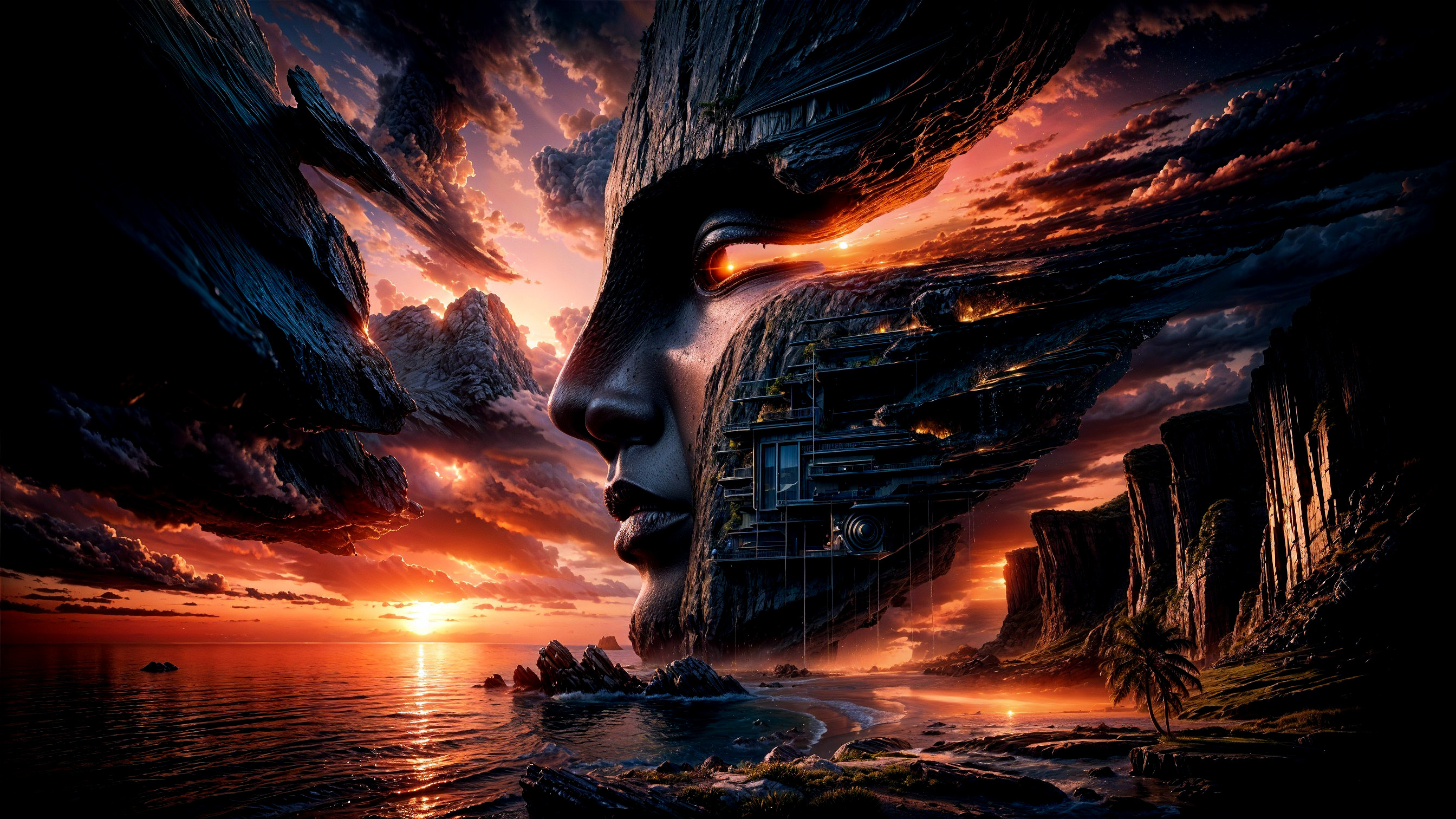 Surreal Landscape with Colossal Face and Sunset Colors