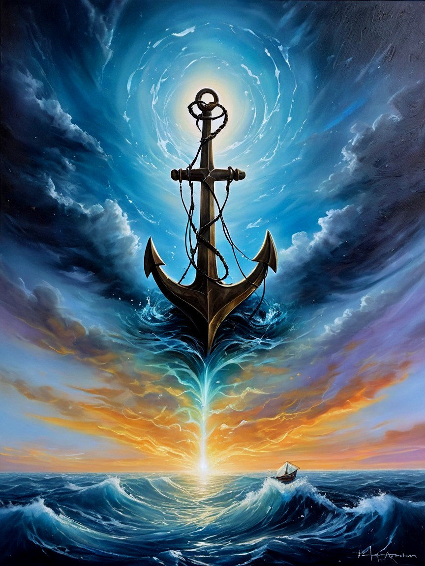 Dramatic Seascape with Central Anchor and Sailboat